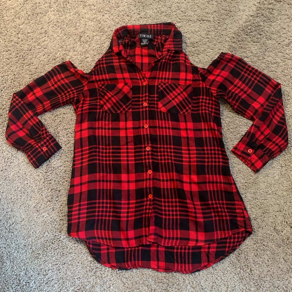 Timing Red Black Plaid Cold Shoulder Top Blouse Medium